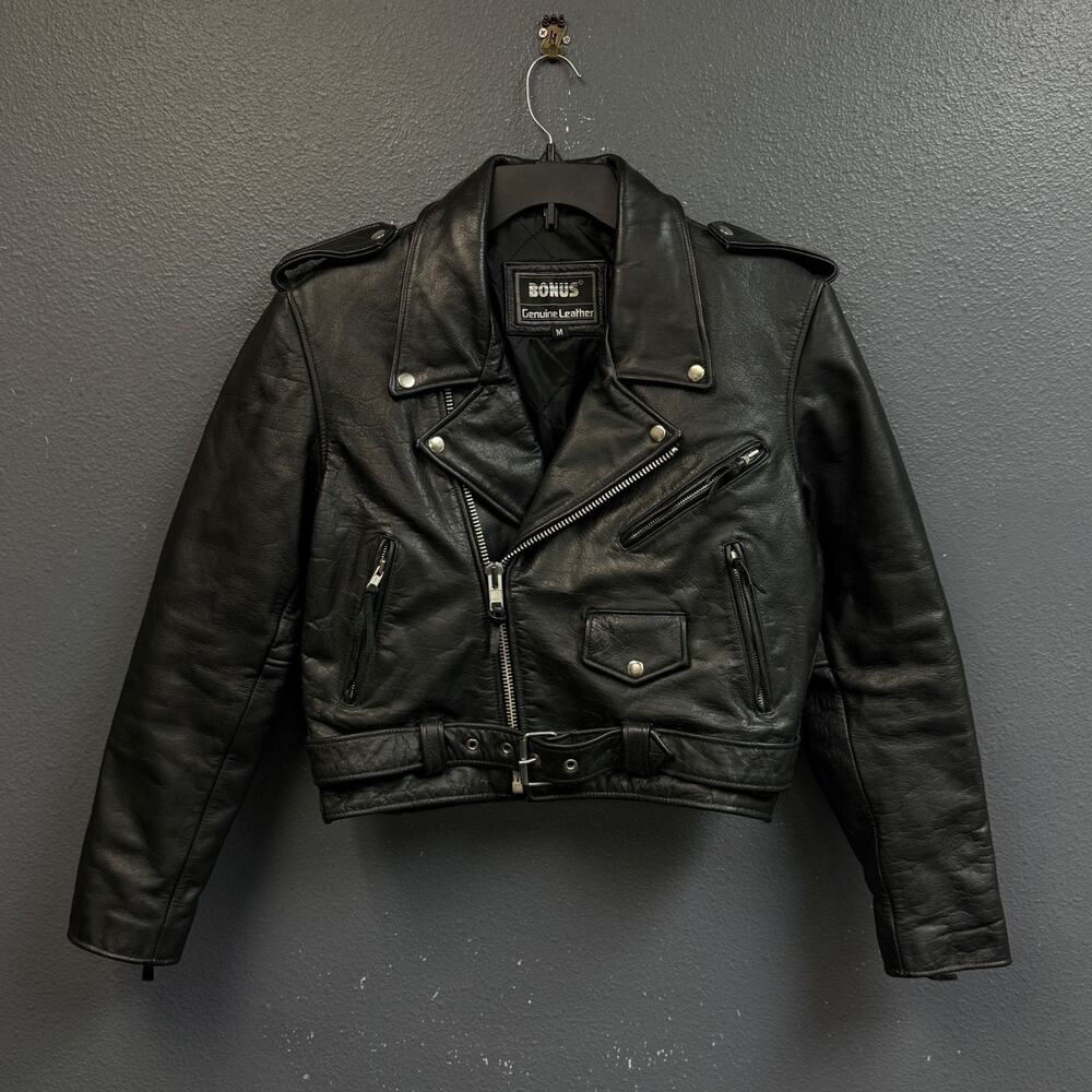 Bonus S men’s black biker leather jacket bomber w belt racing motorcycle vintage